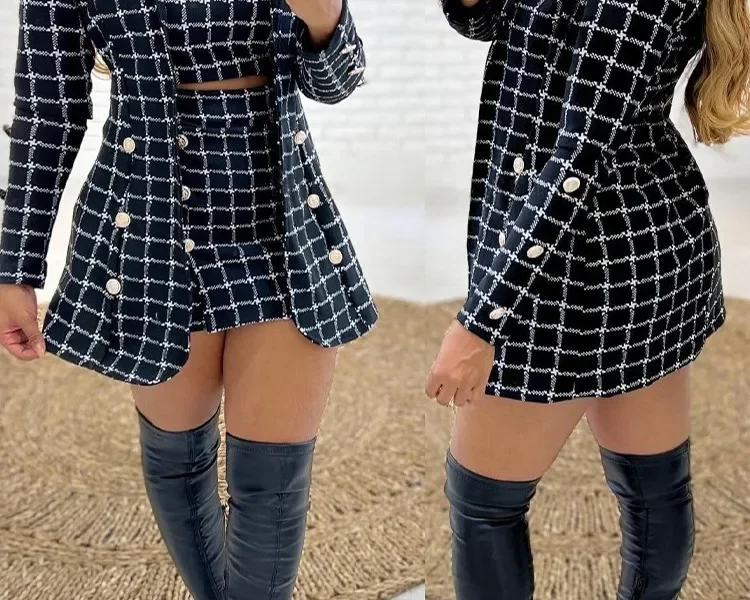 New 3PCS Outifits Houndstooth Blazer Coat Skirt Set Casual For Women