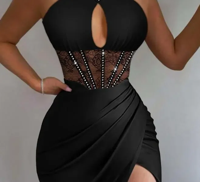 Rhinestone High Slit Contrast Lace Corset Out Party Dress for Women
